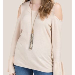 Francesca’s Cold Shoulder Ruffle Sweater